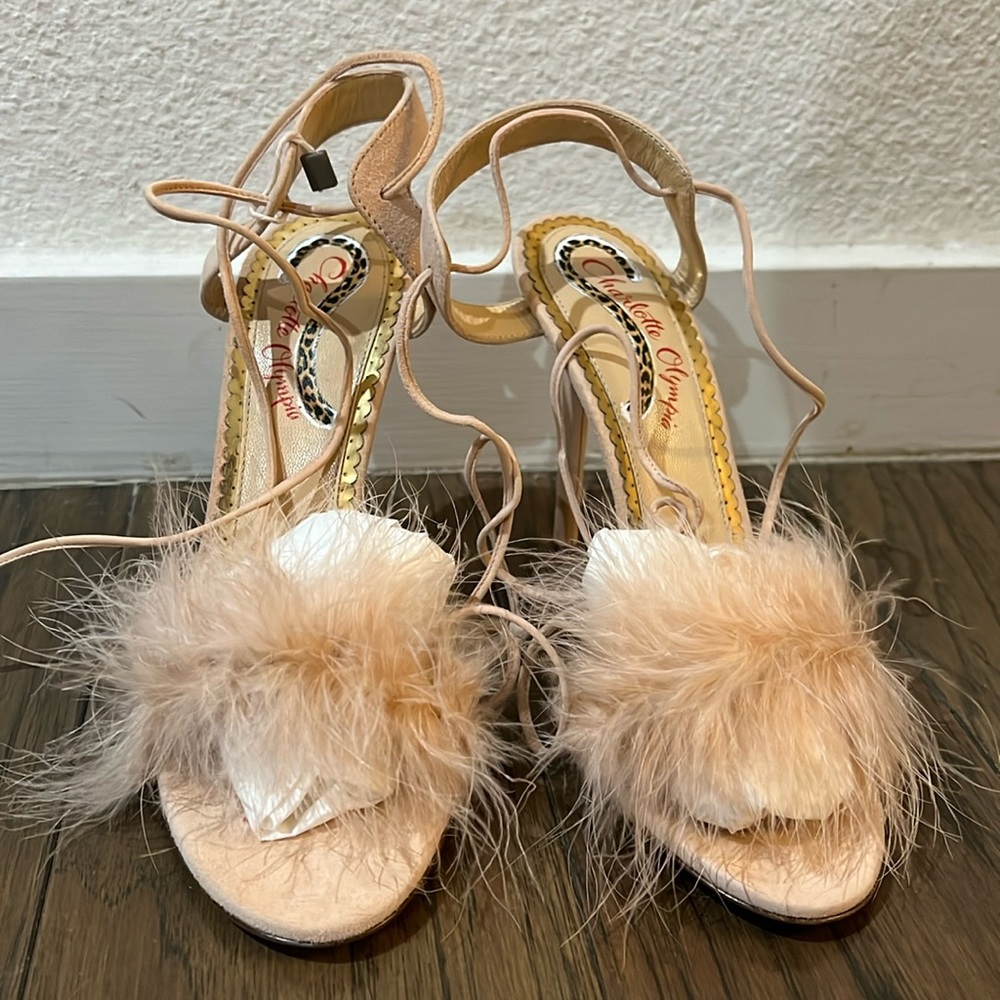 Charlotte Olympia Light Pink Suede and Fur Salsa Ankle Wrap Sandals Size 38